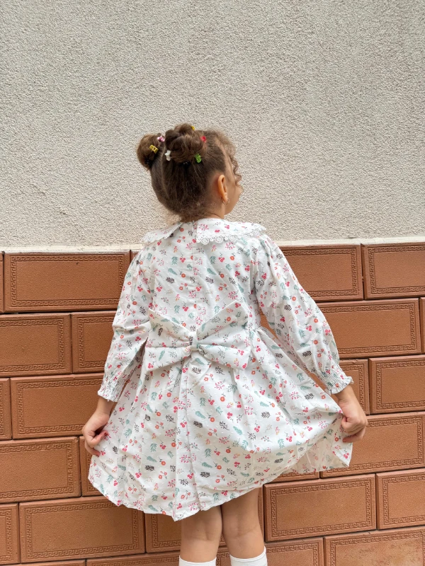  Kız Bebek Elbise Uzun Kollu Yaprak Baskılı Doğum Günü Parti Düğün Özel Gün Abiye Kız Çocuk Elbise - PEMBE