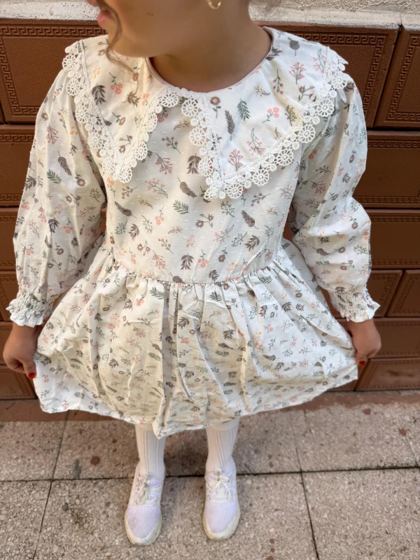  Kız Bebek Elbise Uzun Kollu Yaprak Baskılı Doğum Günü Parti Düğün Özel Gün Abiye Kız Çocuk Elbise - YEŞİL