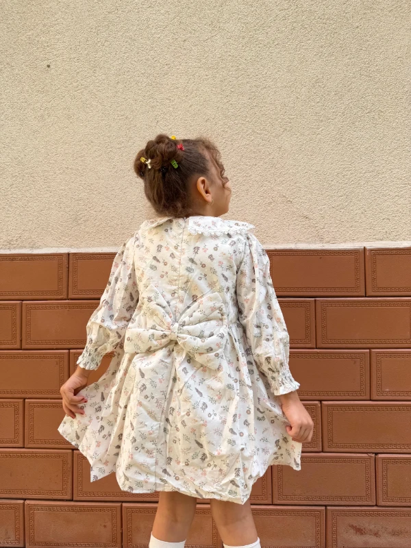  Kız Bebek Elbise Uzun Kollu Yaprak Baskılı Doğum Günü Parti Düğün Özel Gün Abiye Kız Çocuk Elbise - YEŞİL