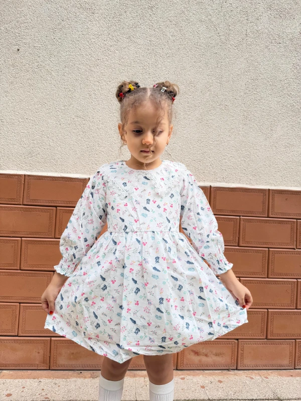  Kız Bebek Elbise Uzun Kollu Yaprak Baskılı Doğum Günü Parti Düğün Özel Gün Abiye Kız Çocuk Elbise - MAVİ