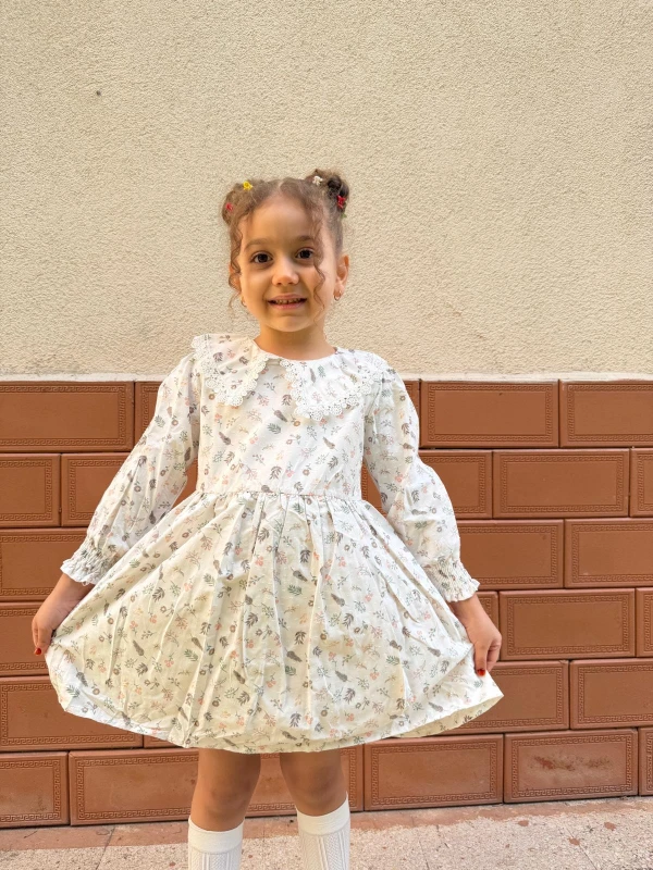  Kız Bebek Elbise Uzun Kollu Yaprak Baskılı Doğum Günü Parti Düğün Özel Gün Abiye Kız Çocuk Elbise - YEŞİL