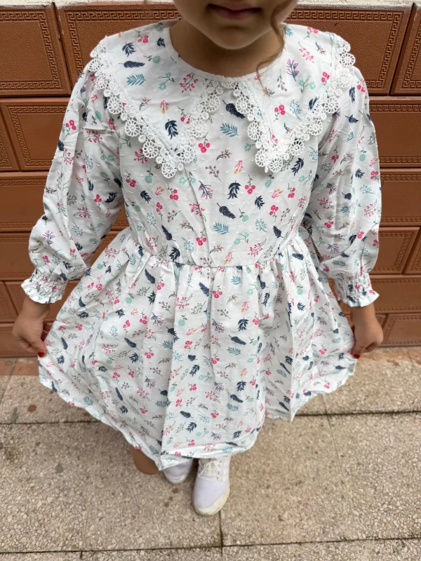  Kız Bebek Elbise Uzun Kollu Yaprak Baskılı Doğum Günü Parti Düğün Özel Gün Abiye Kız Çocuk Elbise - MAVİ