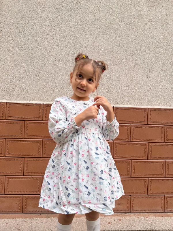  Kız Bebek Elbise Uzun Kollu Yaprak Baskılı Doğum Günü Parti Düğün Özel Gün Abiye Kız Çocuk Elbise - MAVİ