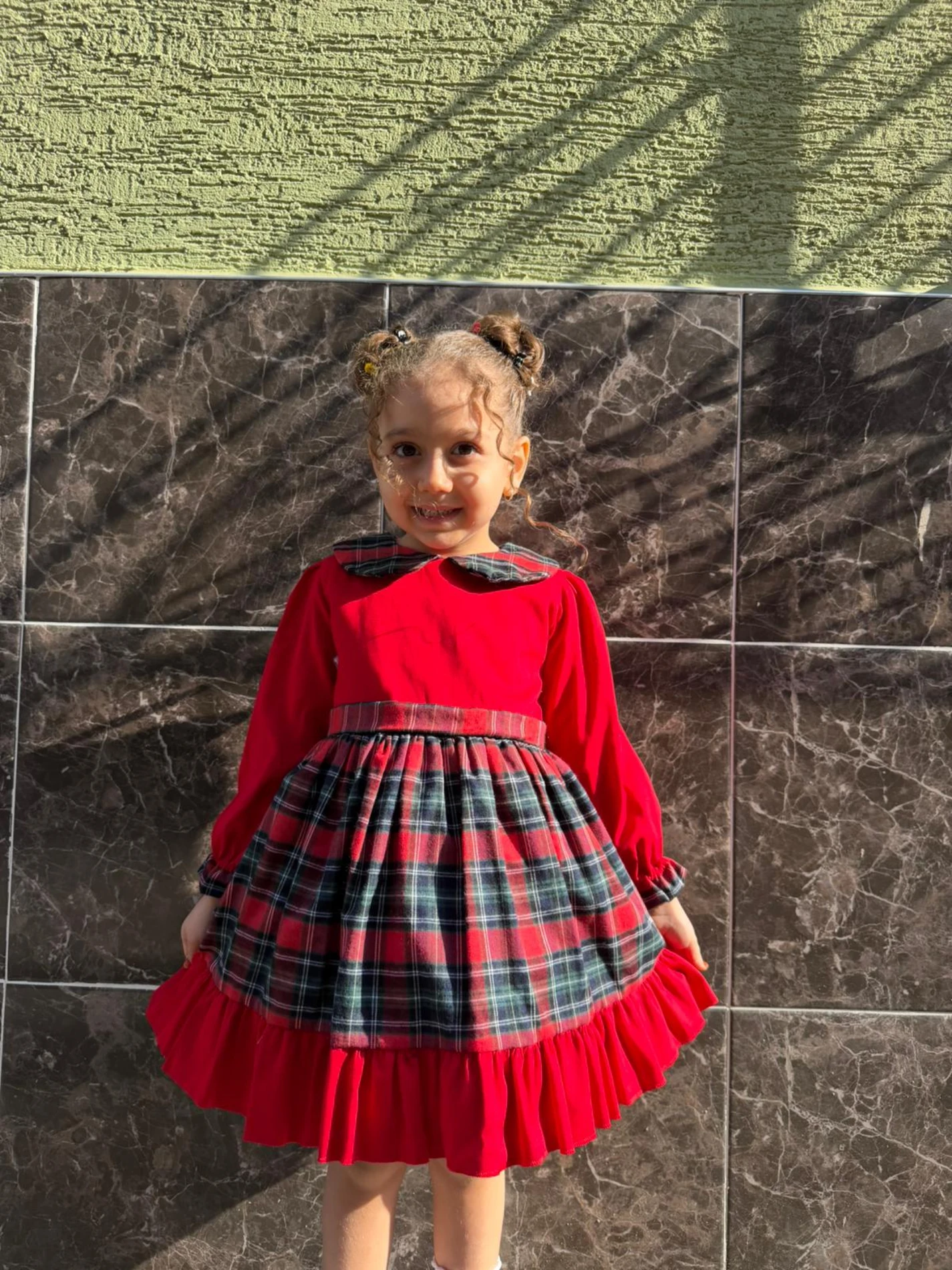  Kız Bebek Elbise Uzun Kollu Kareli Doğum Günü Parti Düğün Özel Gün Abiye Kız Çocuk Elbise - KIRMIZI