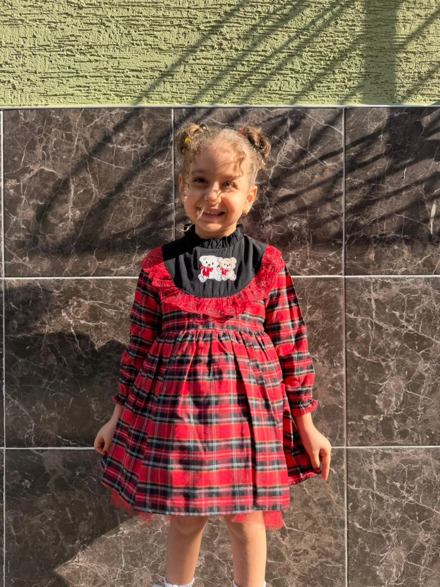  Kız Bebek Elbise Uzun Kollu Sevimli Ayıcık Doğum Günü Parti Düğün Özel Gün Abiye Kız Çocuk Elbise - KIRMIZI