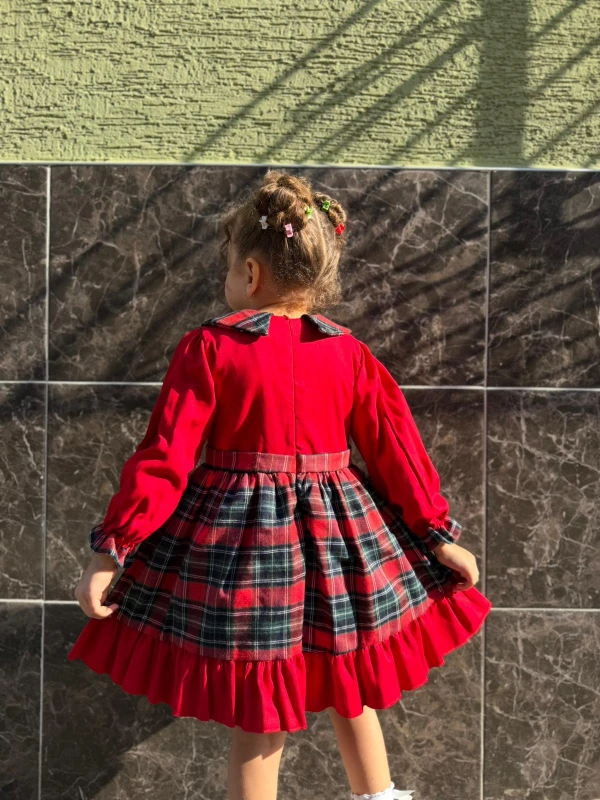  Kız Bebek Elbise Uzun Kollu Kareli Doğum Günü Parti Düğün Özel Gün Abiye Kız Çocuk Elbise - KIRMIZI