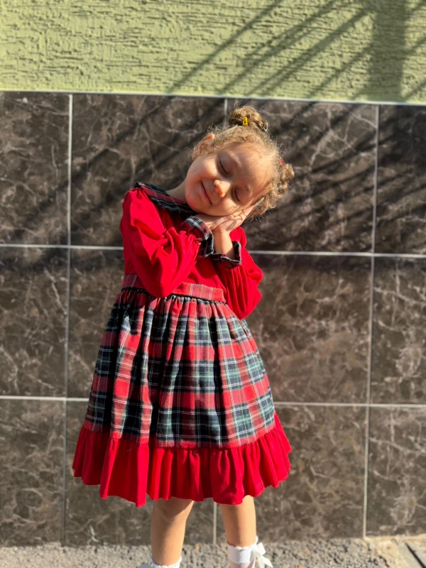  Kız Bebek Elbise Uzun Kollu Kareli Doğum Günü Parti Düğün Özel Gün Abiye Kız Çocuk Elbise - KIRMIZI
