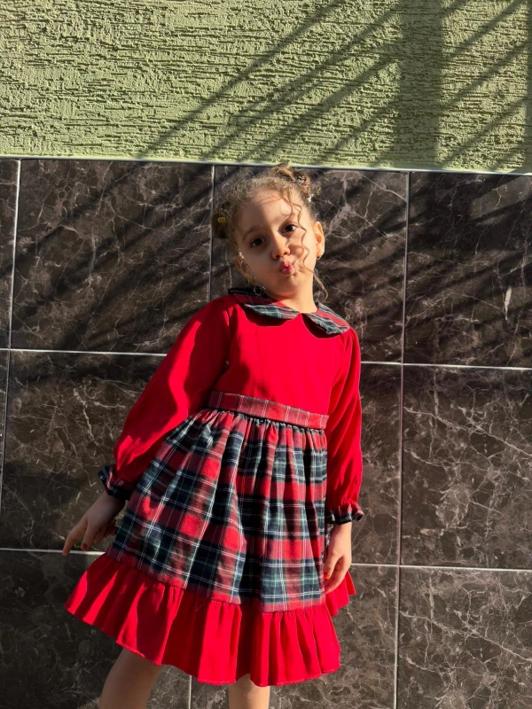  Kız Bebek Elbise Uzun Kollu Kareli Doğum Günü Parti Düğün Özel Gün Abiye Kız Çocuk Elbise - KIRMIZI