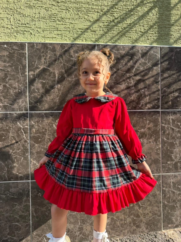  Kız Bebek Elbise Uzun Kollu Kareli Doğum Günü Parti Düğün Özel Gün Abiye Kız Çocuk Elbise - KIRMIZI