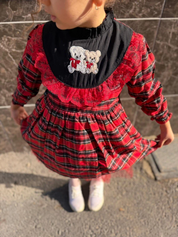  Kız Bebek Elbise Uzun Kollu Sevimli Ayıcık Doğum Günü Parti Düğün Özel Gün Abiye Kız Çocuk Elbise - KIRMIZI