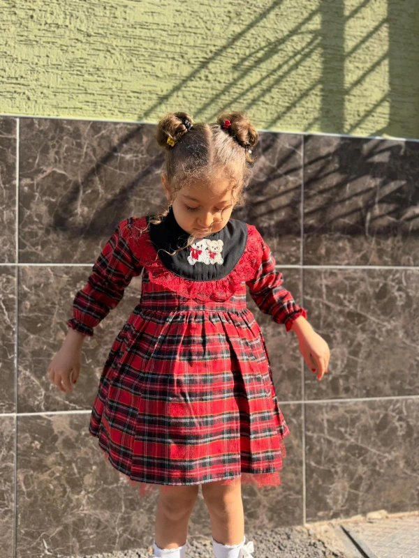  Kız Bebek Elbise Uzun Kollu Sevimli Ayıcık Doğum Günü Parti Düğün Özel Gün Abiye Kız Çocuk Elbise - KIRMIZI