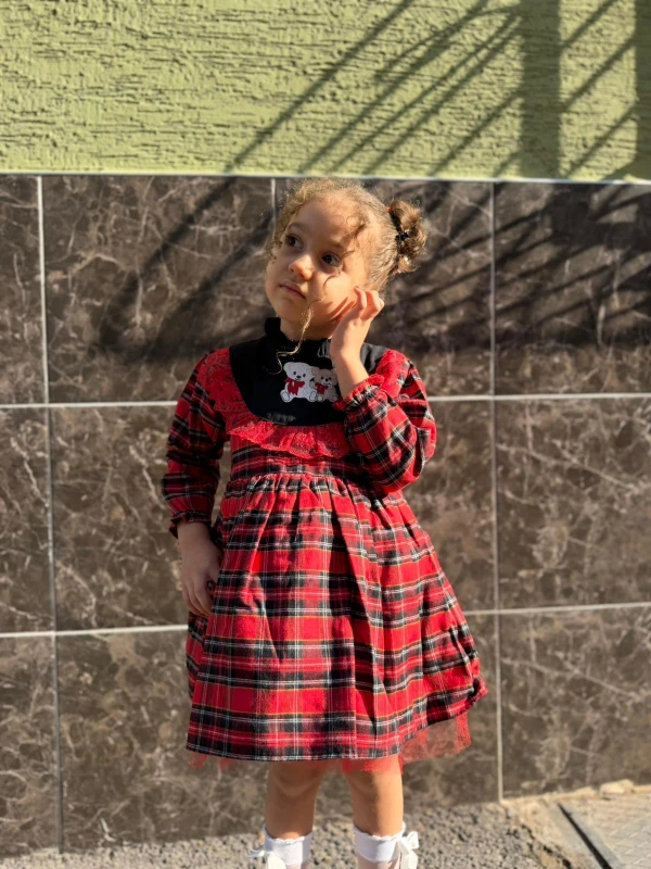  Kız Bebek Elbise Uzun Kollu Sevimli Ayıcık Doğum Günü Parti Düğün Özel Gün Abiye Kız Çocuk Elbise - KIRMIZI