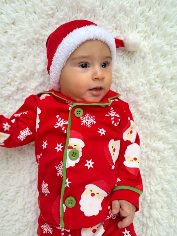 Bebe Yaka Yılbaşı Temalı %100 Pamuk Ponpon Şapkalı 3’lü Takım - KIRMIZI