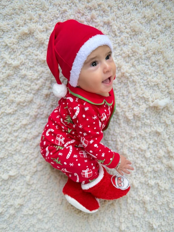 Bebe Yaka Yılbaşı Temalı %100 Pamuk Ponpon Şapkalı 3’lü Takım - KIRMIZI