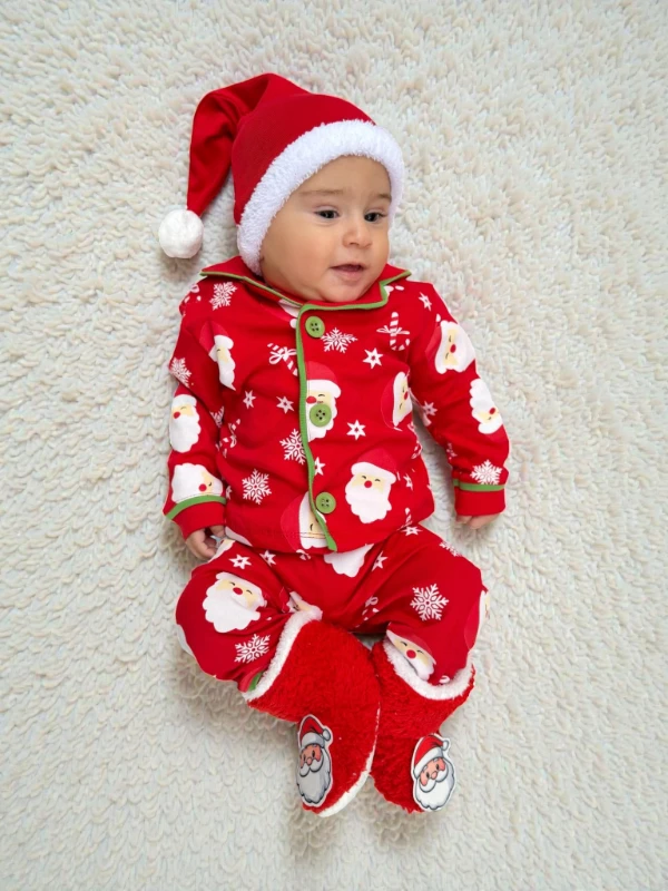 Bebe Yaka Yılbaşı Temalı %100 Pamuk Ponpon Şapkalı 3’lü Takım - KIRMIZI