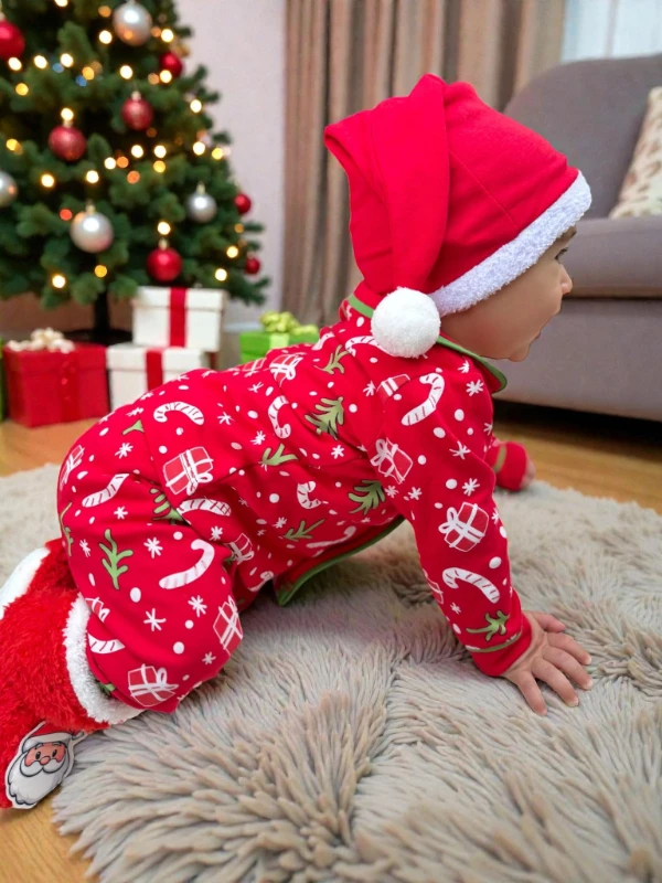 Bebe Yaka Yılbaşı Temalı %100 Pamuk Ponpon Şapkalı 3’lü Takım - KIRMIZI