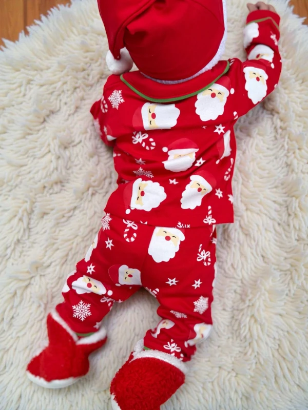 Bebe Yaka Yılbaşı Temalı %100 Pamuk Ponpon Şapkalı 3’lü Takım - KIRMIZI