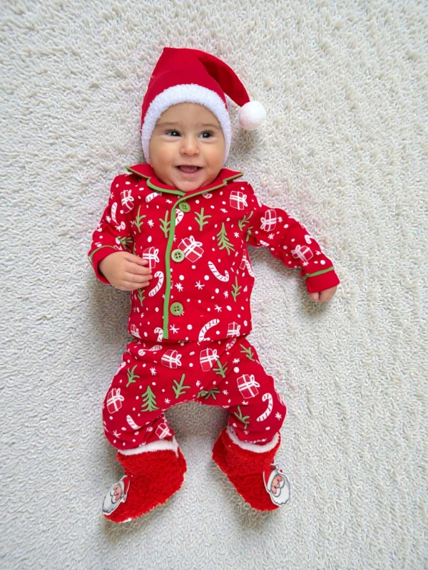 Bebe Yaka Yılbaşı Temalı %100 Pamuk Ponpon Şapkalı 3’lü Takım - KIRMIZI