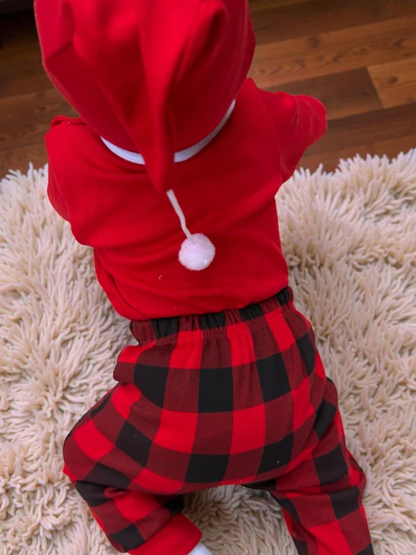 Bisiklet Yaka Alttan Çıtçıtlı Yılbaşı Temalı %100 Pamuk Ponpon Şapkalı 3'lü Takım  - KIRMIZI