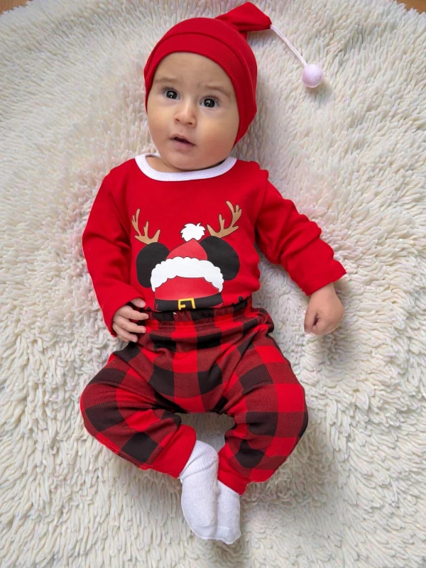 Bisiklet Yaka Alttan Çıtçıtlı Yılbaşı Temalı %100 Pamuk Ponpon Şapkalı 3'lü Takım  - KIRMIZI