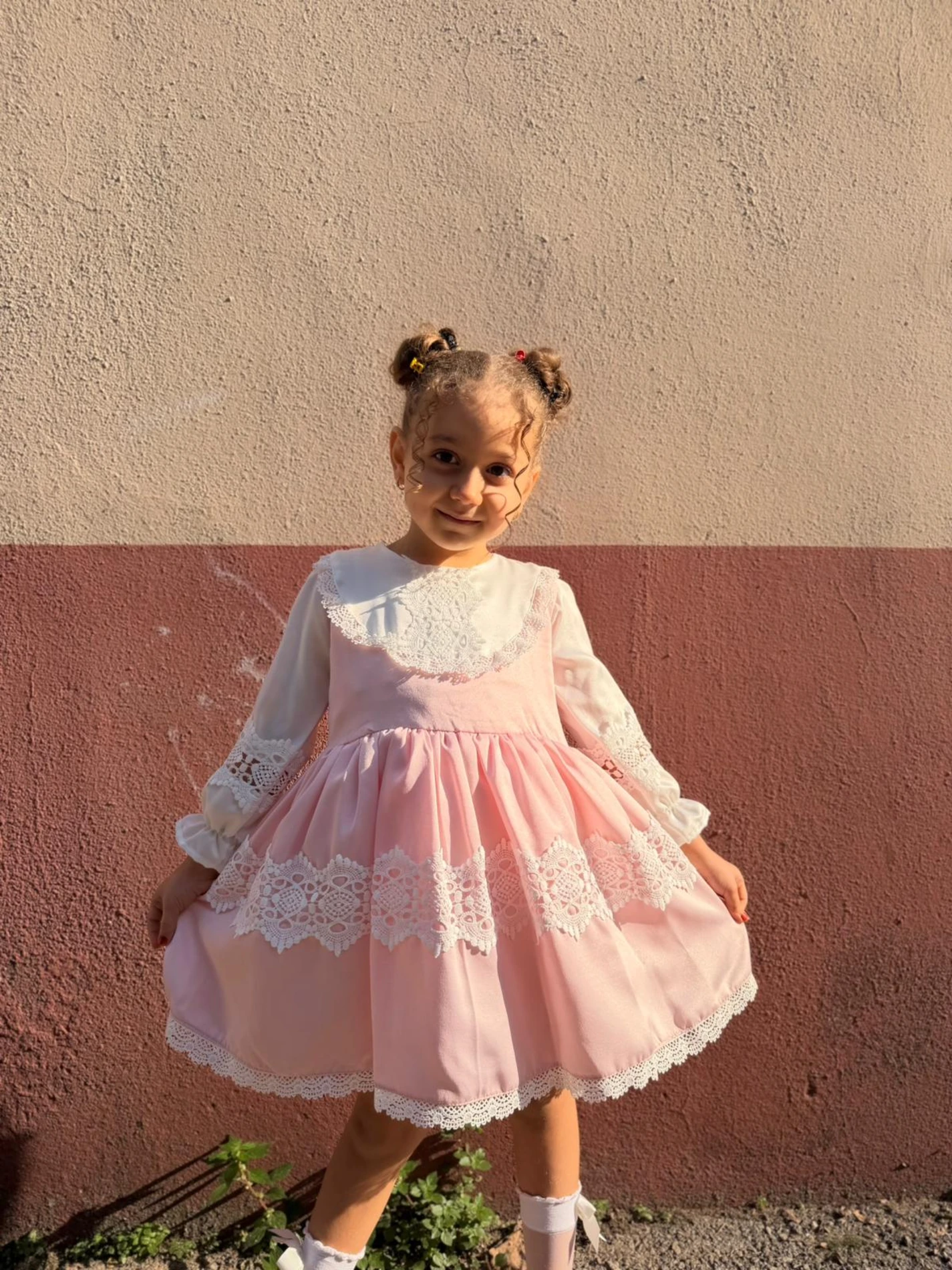 Kız Bebek Elbise Uzun Kollu Vintage Kabarık Saten Doğum Günü Özel Gün Düğün Bayramlık Çocuk Elbise - PEMBE