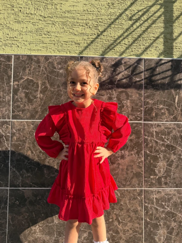  Kız Bebek Elbise Uzun Kollu Fırfır Detaylı Doğum Günü Parti Düğün Özel Gün Abiye Kız Çocuk Elbise - KIRMIZI