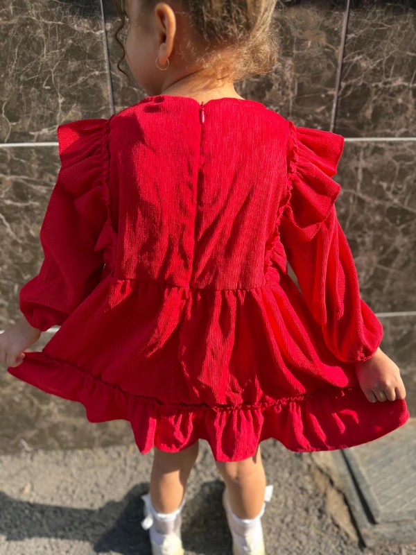  Kız Bebek Elbise Uzun Kollu Fırfır Detaylı Doğum Günü Parti Düğün Özel Gün Abiye Kız Çocuk Elbise - KIRMIZI