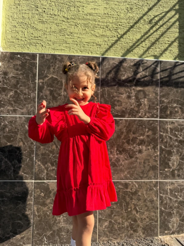  Kız Bebek Elbise Uzun Kollu Fırfır Detaylı Doğum Günü Parti Düğün Özel Gün Abiye Kız Çocuk Elbise - KIRMIZI