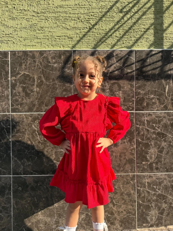  Kız Bebek Elbise Uzun Kollu Fırfır Detaylı Doğum Günü Parti Düğün Özel Gün Abiye Kız Çocuk Elbise - KIRMIZI