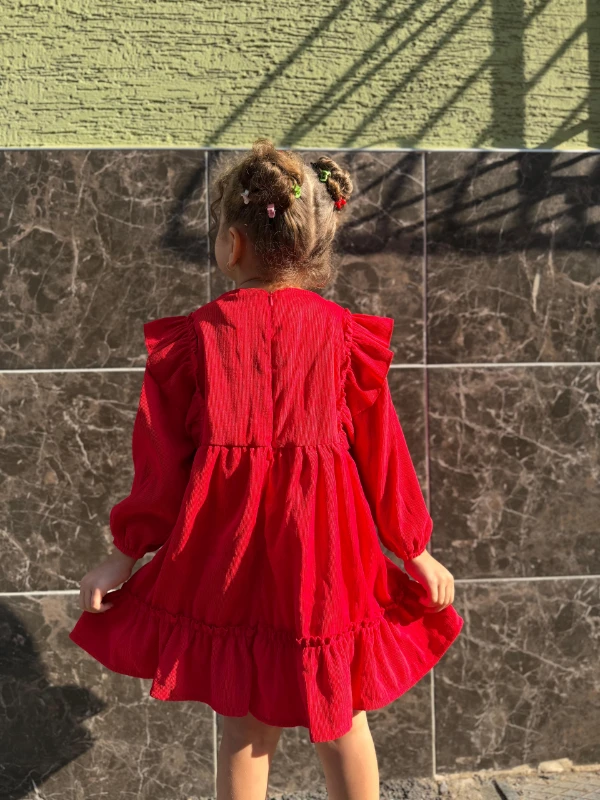  Kız Bebek Elbise Uzun Kollu Fırfır Detaylı Doğum Günü Parti Düğün Özel Gün Abiye Kız Çocuk Elbise - KIRMIZI
