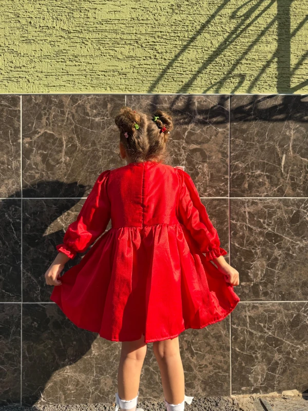  Kız Bebek Elbise Uzun Kollu Fırfırlı BebeYaka DoğumGünü Parti Düğün Özel Gün Abiye Kız Çocuk Elbise - KIRMIZI