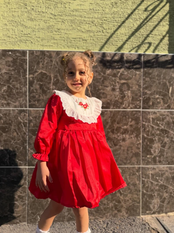  Kız Bebek Elbise Uzun Kollu Fırfırlı BebeYaka DoğumGünü Parti Düğün Özel Gün Abiye Kız Çocuk Elbise - KIRMIZI