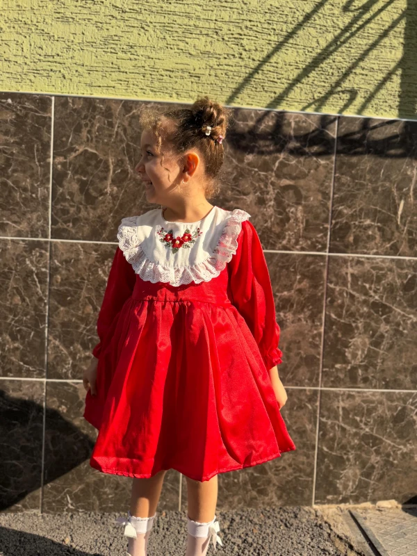  Kız Bebek Elbise Uzun Kollu Fırfırlı BebeYaka DoğumGünü Parti Düğün Özel Gün Abiye Kız Çocuk Elbise - KIRMIZI