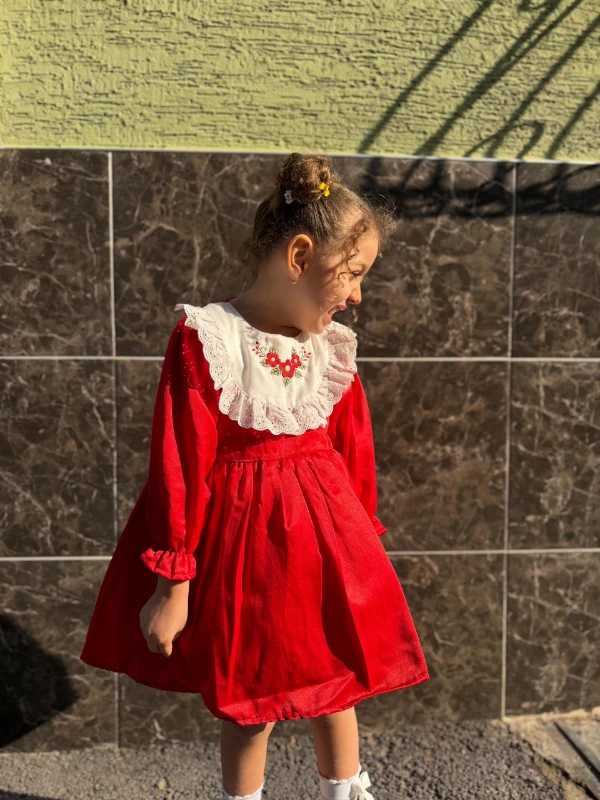  Kız Bebek Elbise Uzun Kollu Fırfırlı BebeYaka DoğumGünü Parti Düğün Özel Gün Abiye Kız Çocuk Elbise - KIRMIZI