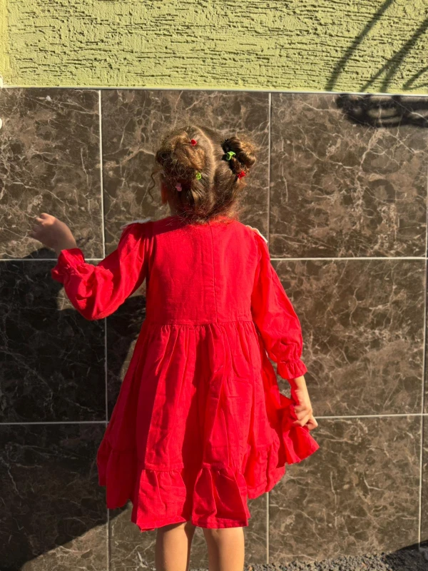  Kız Bebek Elbise Uzun Kollu Fırfırlı BebeYaka DoğumGünü Parti Düğün Özel Gün Abiye Kız Çocuk Elbise - KIRMIZI