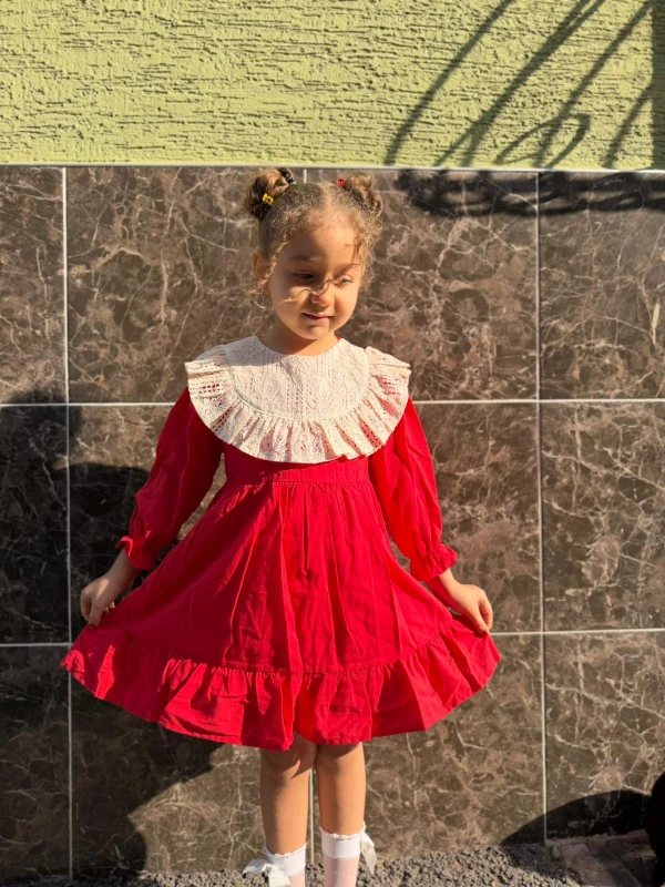  Kız Bebek Elbise Uzun Kollu Fırfırlı BebeYaka DoğumGünü Parti Düğün Özel Gün Abiye Kız Çocuk Elbise - KIRMIZI