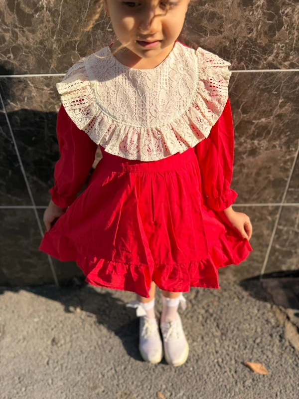  Kız Bebek Elbise Uzun Kollu Fırfırlı BebeYaka DoğumGünü Parti Düğün Özel Gün Abiye Kız Çocuk Elbise - KIRMIZI