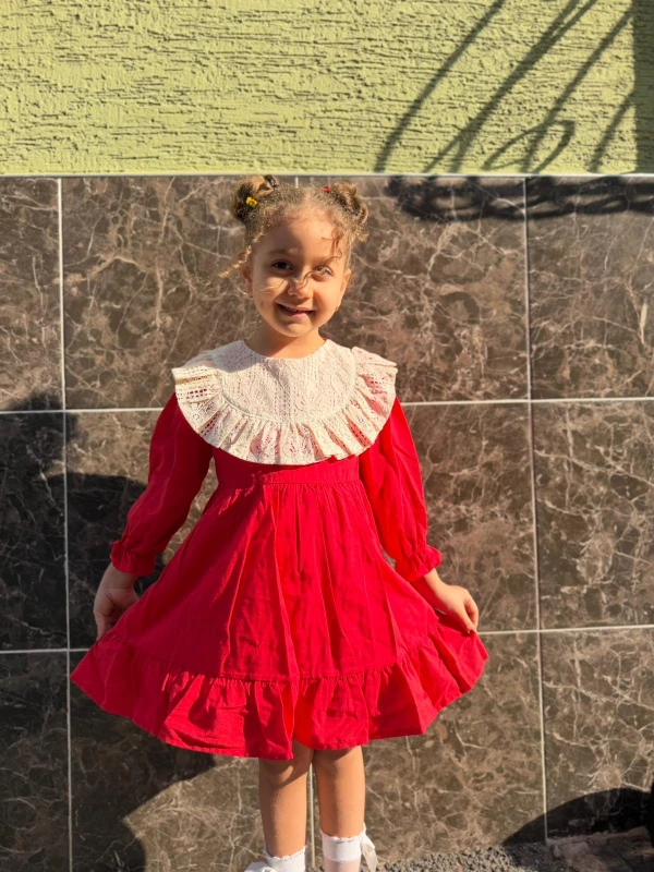  Kız Bebek Elbise Uzun Kollu Fırfırlı BebeYaka DoğumGünü Parti Düğün Özel Gün Abiye Kız Çocuk Elbise - KIRMIZI