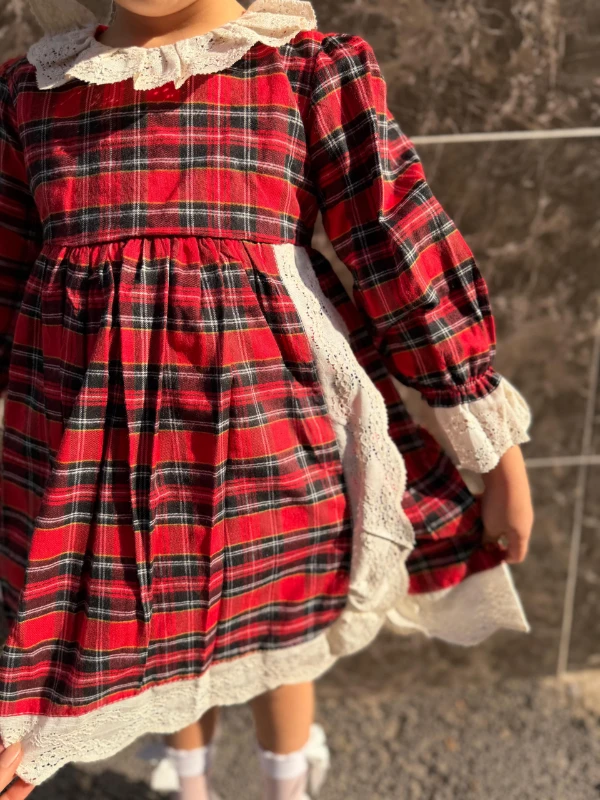  Kız Bebek Elbise Uzun Kollu Güpür Detaylı Doğum Günü Parti Düğün Özel Gün Abiye Kız Çocuk Elbise - KIRMIZI