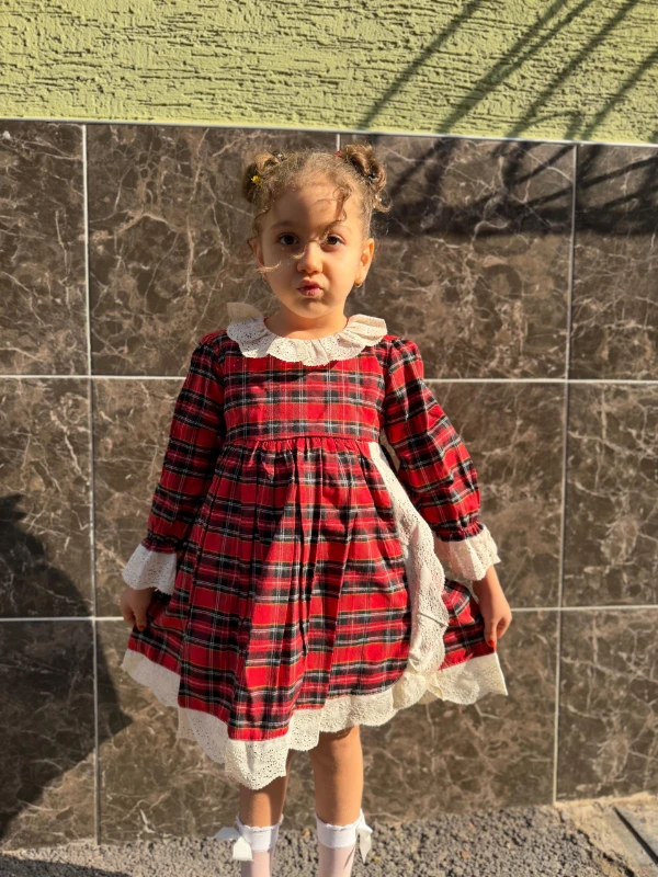  Kız Bebek Elbise Uzun Kollu Güpür Detaylı Doğum Günü Parti Düğün Özel Gün Abiye Kız Çocuk Elbise - KIRMIZI