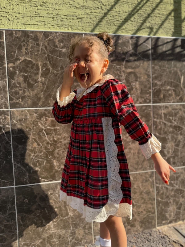  Kız Bebek Elbise Uzun Kollu Güpür Detaylı Doğum Günü Parti Düğün Özel Gün Abiye Kız Çocuk Elbise - KIRMIZI