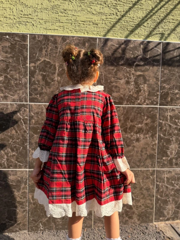  Kız Bebek Elbise Uzun Kollu Güpür Detaylı Doğum Günü Parti Düğün Özel Gün Abiye Kız Çocuk Elbise - KIRMIZI