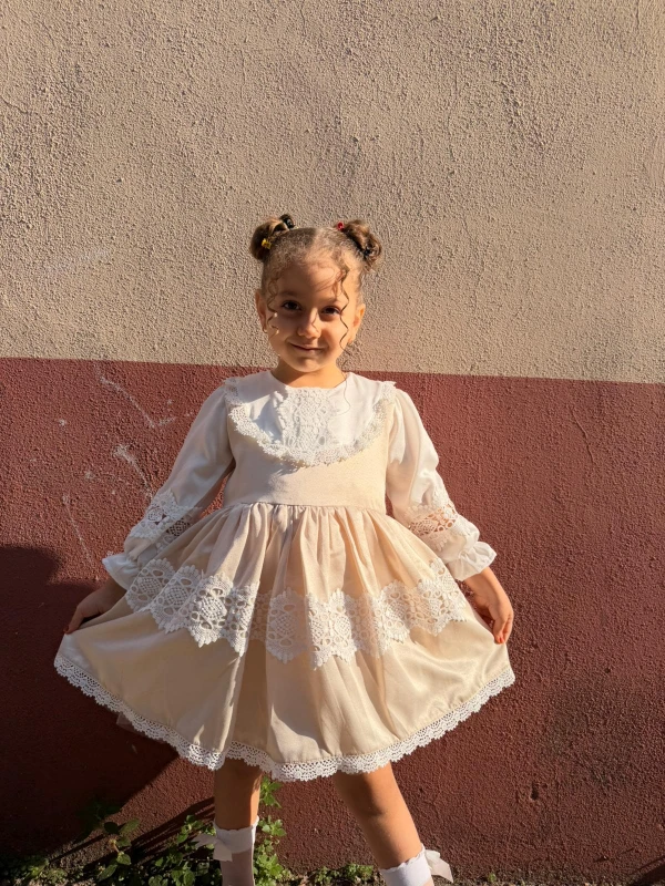 Kız Bebek Elbise Uzun Kollu Vintage Kabarık Saten Doğum Günü Özel Gün Düğün Bayramlık Çocuk Elbise - BEJ