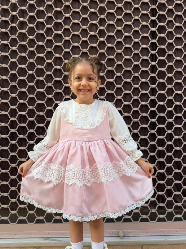 Kız Bebek Elbise Uzun Kollu Vintage Kabarık Saten Doğum Günü Özel Gün Düğün Bayramlık Çocuk Elbise - PEMBE