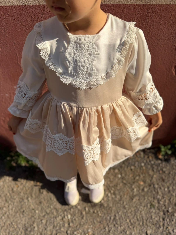 Kız Bebek Elbise Uzun Kollu Vintage Kabarık Saten Doğum Günü Özel Gün Düğün Bayramlık Çocuk Elbise - BEJ