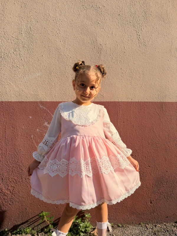 Kız Bebek Elbise Uzun Kollu Vintage Kabarık Saten Doğum Günü Özel Gün Düğün Bayramlık Çocuk Elbise - PEMBE