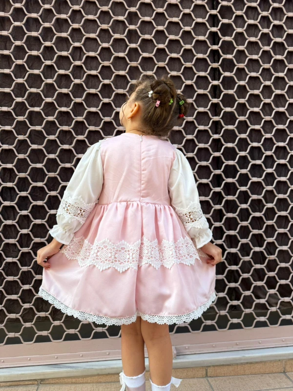 Kız Bebek Elbise Uzun Kollu Vintage Kabarık Saten Doğum Günü Özel Gün Düğün Bayramlık Çocuk Elbise - PEMBE