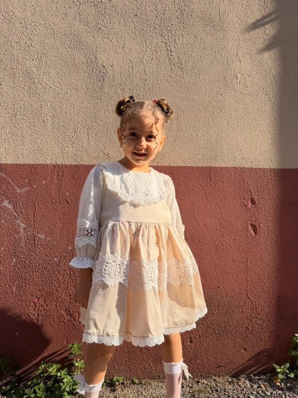 Kız Bebek Elbise Uzun Kollu Vintage Kabarık Saten Doğum Günü Özel Gün Düğün Bayramlık Çocuk Elbise - BEJ