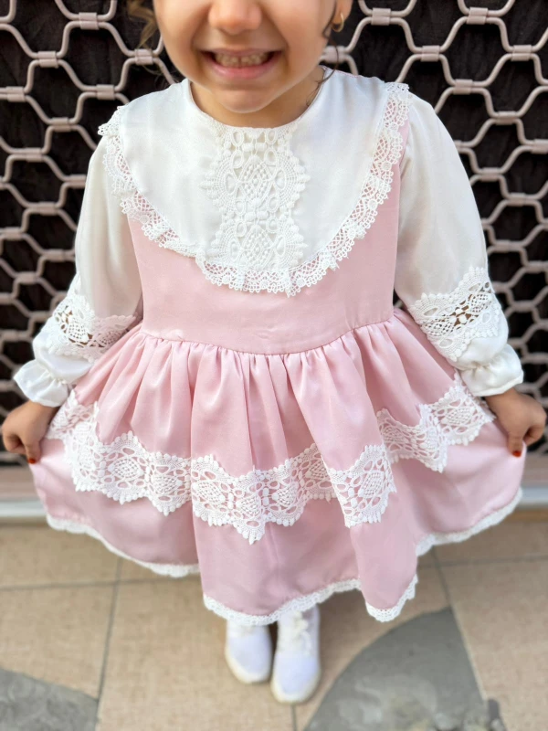 Kız Bebek Elbise Uzun Kollu Vintage Kabarık Saten Doğum Günü Özel Gün Düğün Bayramlık Çocuk Elbise - PEMBE