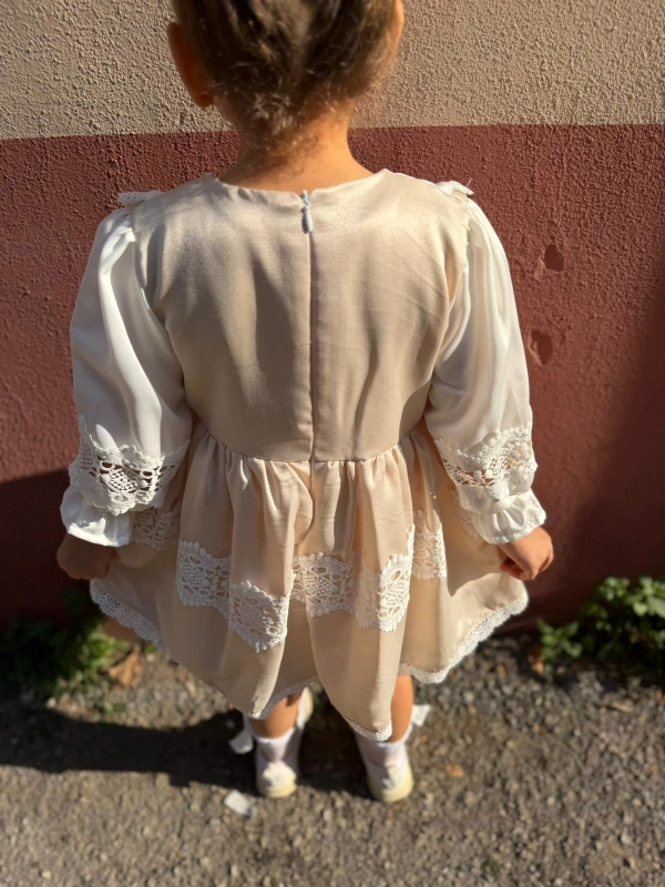 Kız Bebek Elbise Uzun Kollu Vintage Kabarık Saten Doğum Günü Özel Gün Düğün Bayramlık Çocuk Elbise - BEJ